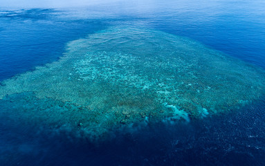Fototapeta na wymiar Aerial view of the Great Barrier Reef with a wide reef structure at low tide. The Great Barrier Reef is in Queensland, Australia.
