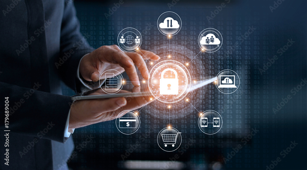 Poster Cyber Security. Businessman using tablet technology and icon customer network connection and exchange data on the virtual display. Cyber attack concept