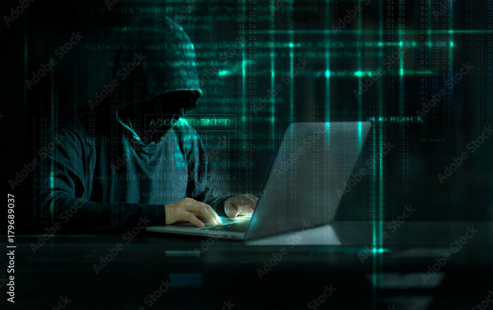 Aufkleber Cyber Attack Hacker using computer with code on interface digital dark background. Security System and Internet crime concept.