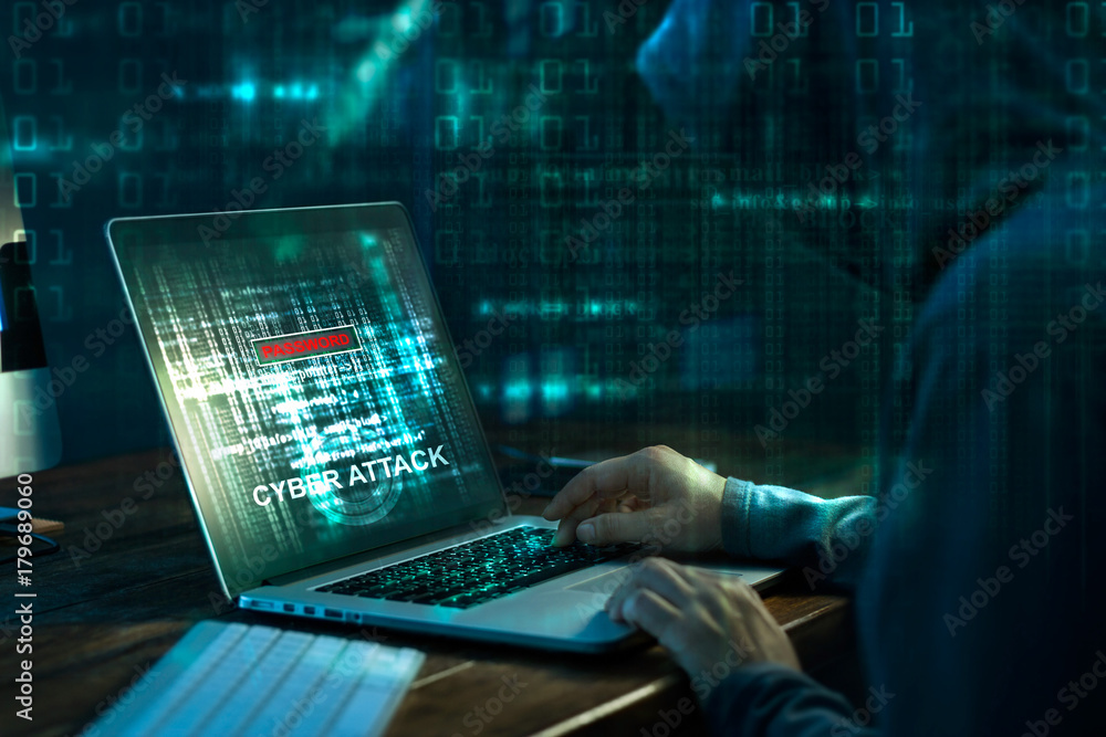 Aufkleber Computer hacker. Internet crime working on a code on laptop screen with dark digital background. Cyber attack in cyberspace concept