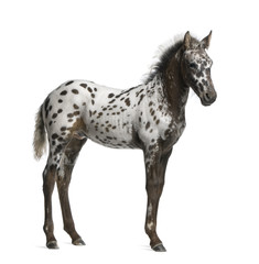 Appazon Foal, 3 months old, a crossbreed between Appaloosa and Friesian horse, standing in front of  white background