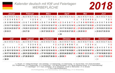 Kalender 2018 - rot - quer - deutsch - mit Feiertagen 