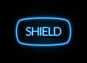 Shield  - colorful Neon Sign on brickwall