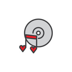 Romantic music disc and heart notes filled outline icon, line vector sign, linear colorful pictogram isolated on white. Symbol, logo illustration. Pixel perfect vector graphics