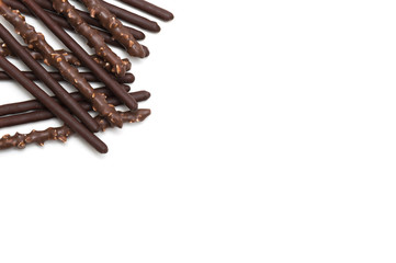 Chocolate Filled Biscuit Sticks on White Background