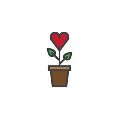 Heart plant in flower pot filled outline icon, line vector sign, linear colorful pictogram isolated on white. Love growth symbol, logo illustration. Pixel perfect vector graphics