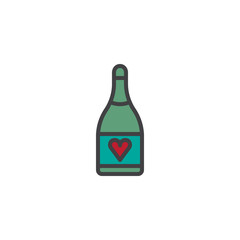 Champagne bottle with heart filled outline icon, line vector sign, linear colorful pictogram isolated on white. Love party symbol, logo illustration. Pixel perfect vector graphics