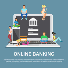 Mobile banking concept illustration of people using laptop and mobile smart phone for online banking
