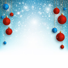 Christmas background with Red and Blue christmas balls and snow for xmas design. Vector illustration.