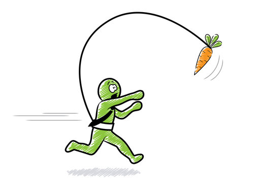 Ein Mann mit Krawatte rennt einer Möhre hinterher | Zeichnung, grün, schraffiert, Vektor, freigestellt