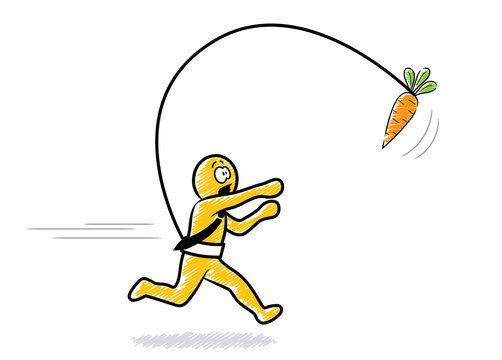 Ein Mann mit Schlips rennt einer Möhre hinterher | Zeichnung, gelb, schraffiert, Vektor, freigestellt