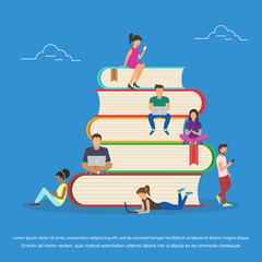 Flat design of guys and young women sitting on the books and reading for self education. Flat design.