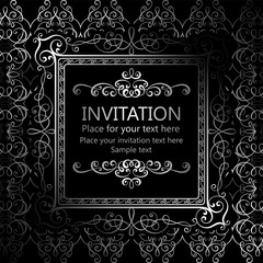 Abstract background with calligraphic luxury silver flourishes and vintage frame, victorian banner,wallpaper ornaments, invitation card, baroque style booklet, fashion pattern, template for design.