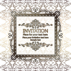 Abstract background with calligraphic luxury gold flourishes and vintage frame, victorian banner,wallpaper ornaments, invitation card, baroque style booklet, fashion pattern, template for design.