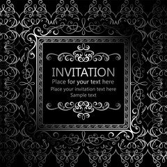 Abstract background with calligraphic luxury silver flourishes and vintage frame, victorian banner,wallpaper ornaments, invitation card, baroque style booklet, fashion pattern, template for design.