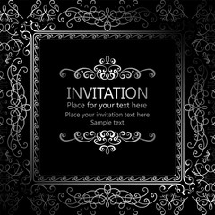 Abstract background with calligraphic luxury silver flourishes and vintage frame, victorian banner,wallpaper ornaments, invitation card, baroque style booklet, fashion pattern, template for design.