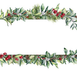 Watercolor Christmas floral banner. Hand painted floral garland with berries and fir branch, pine cone, bells and ribbon isolated on white background. Holiday clip art.