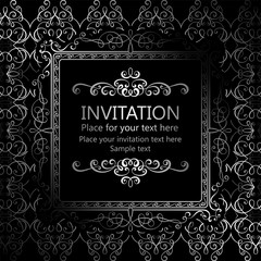 Abstract background with calligraphic luxury silver flourishes and vintage frame, victorian banner,wallpaper ornaments, invitation card, baroque style booklet, fashion pattern, template for design.