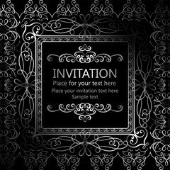Abstract background with calligraphic luxury silver flourishes and vintage frame, victorian banner,wallpaper ornaments, invitation card, baroque style booklet, fashion pattern, template for design.