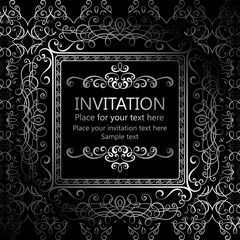 Abstract background with calligraphic luxury silver flourishes and vintage frame, victorian banner,wallpaper ornaments, invitation card, baroque style booklet, fashion pattern, template for design.