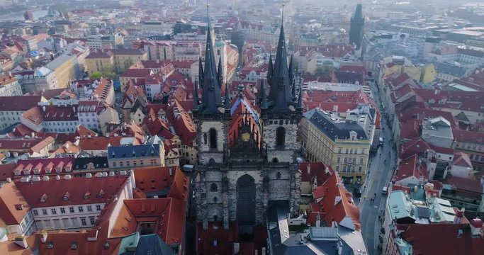 Aerial view of Prague and Kostel of Our Lady before Tyn, Prague, Czech Republic
