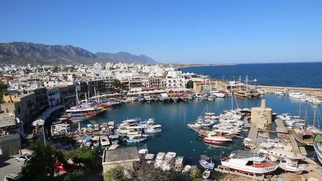 KYRENIA, NORTH CYPRUS - JULY 26, 2017: Panoramic aerial view of historic harbour in Kyrenia (Girne), North Cyprus in a beautiful summer day