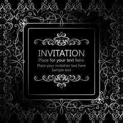 Abstract background with calligraphic luxury silver flourishes and vintage frame, victorian banner,wallpaper ornaments, invitation card, baroque style booklet, fashion pattern, template for design.