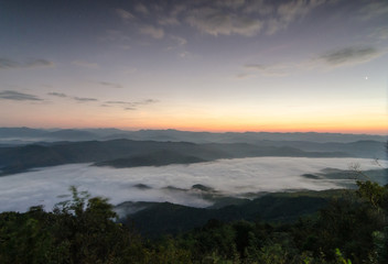 Fog and cloud mountain valley spring landscape