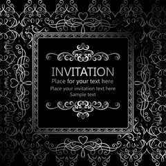 Abstract background with calligraphic luxury silver flourishes and vintage frame, victorian banner,wallpaper ornaments, invitation card, baroque style booklet, fashion pattern, template for design.