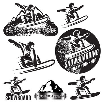 set of vector monochrome sports templates with various snowboarders on background of snow and mountains