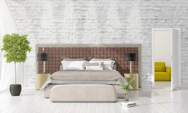 Modern interior design of bedroom in vogue with plant and copyspace in horizontal arrangement. 3D rendering.