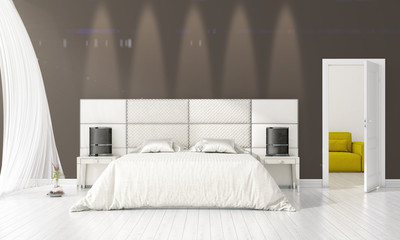 Modern interior design of bedroom in vogue with plant and copyspace in horizontal arrangement. 3D rendering.