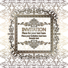 Abstract background with calligraphic luxury gold flourishes and vintage frame, victorian banner,wallpaper ornaments, invitation card, baroque style booklet, fashion pattern, template for design.