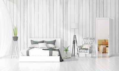 Modern interior design of bedroom in vogue with plant and copyspace in horizontal arrangement. 3D rendering.