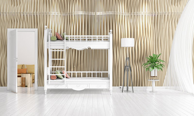 Modern interior design of nursery room in vogue with plant and copyspace in horizontal arrangement. 3D rendering.