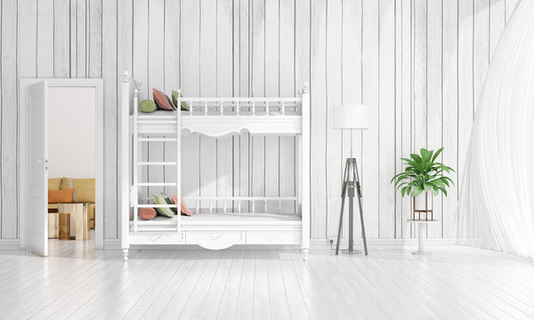 Modern interior design of nursery room in vogue with plant and copyspace in horizontal arrangement. 3D rendering.