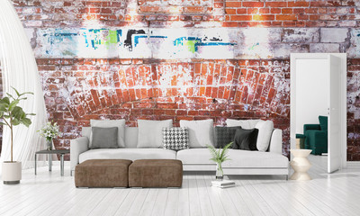 Modern interior design of livingroom in vogue with plant, grey divan, copyspace. Horizontal arrangement. 3D rendering.
