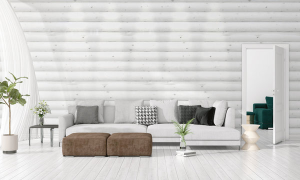 Modern interior design of livingroom in vogue with plant, grey divan, copyspace. Horizontal arrangement. 3D rendering.