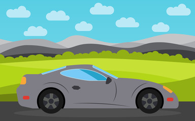 Fototapeta na wymiar Gray sports car in the background of nature landscape in the daytime. Vector illustration. 