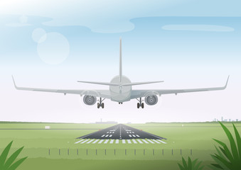 Passenger airplane landing. Summer airport view. Vector illustration.