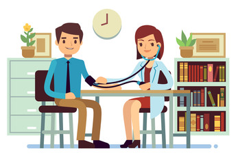 Healthcare and medicine vector concept with doctor checking patients blood pressure