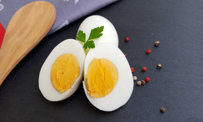 Boiled eggs on dark background close up