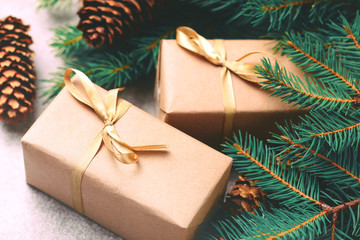 Christmas background. Craft gift boxes and decoration