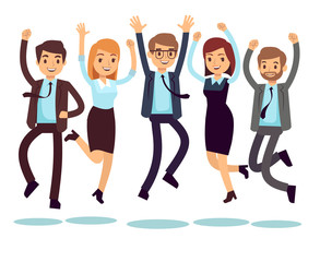 Happy and smiling workers, business people jumping flat vector characters