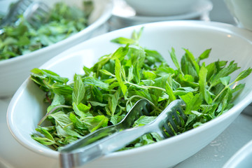 Big plate of fresh green mint leaves