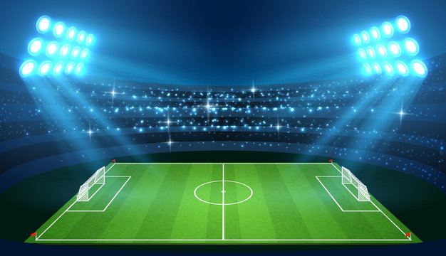 Soccer stadium with empty football field and spotlights vector illustration