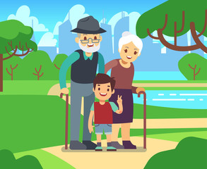 Obraz na płótnie Canvas Happy cartoon older couple with grandson in park vector illustration