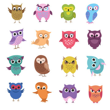 Cute cartoon owl characters vector set