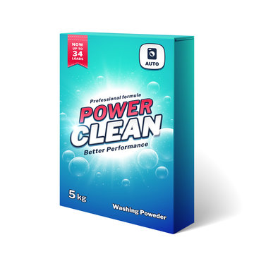 Laundry detergent, washing poweder product box vector template