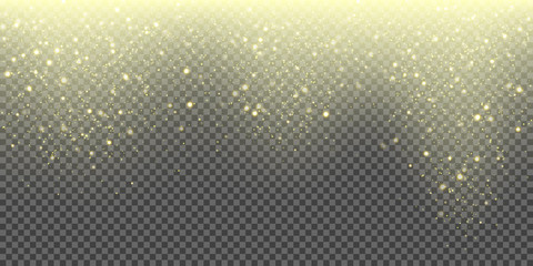 Snow falling vector background of golden sparkling snowfall and glittering snowflakes. Vector abstract glowing gold glitter particles pattern background for Christmas or New Year winter greeting card